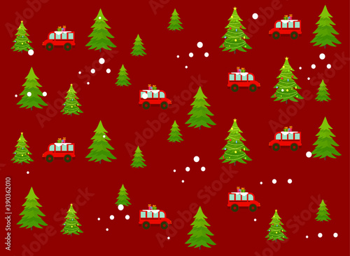 Christmas tree and red bus with gifts, Christmas card