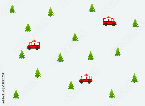 Christmas tree and red bus with gifts, Christmas card