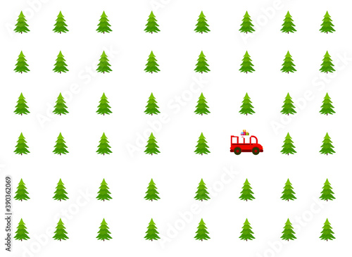 Christmas tree and red bus with gifts, Christmas card