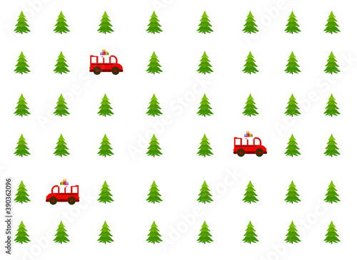 Christmas tree and red bus with gifts, Christmas card