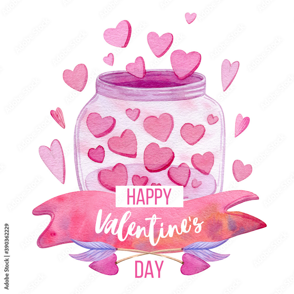 Happy Valentine's Day! Pink watercolor ribbon with calligraphy text and beautifull objects
