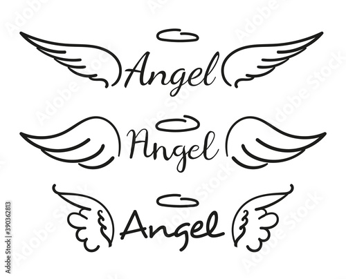Fototapeta Naklejka Na Ścianę i Meble -  Angels wings with halo. Hand drawn vector feather angel. Handdrawn sketch feathers bird