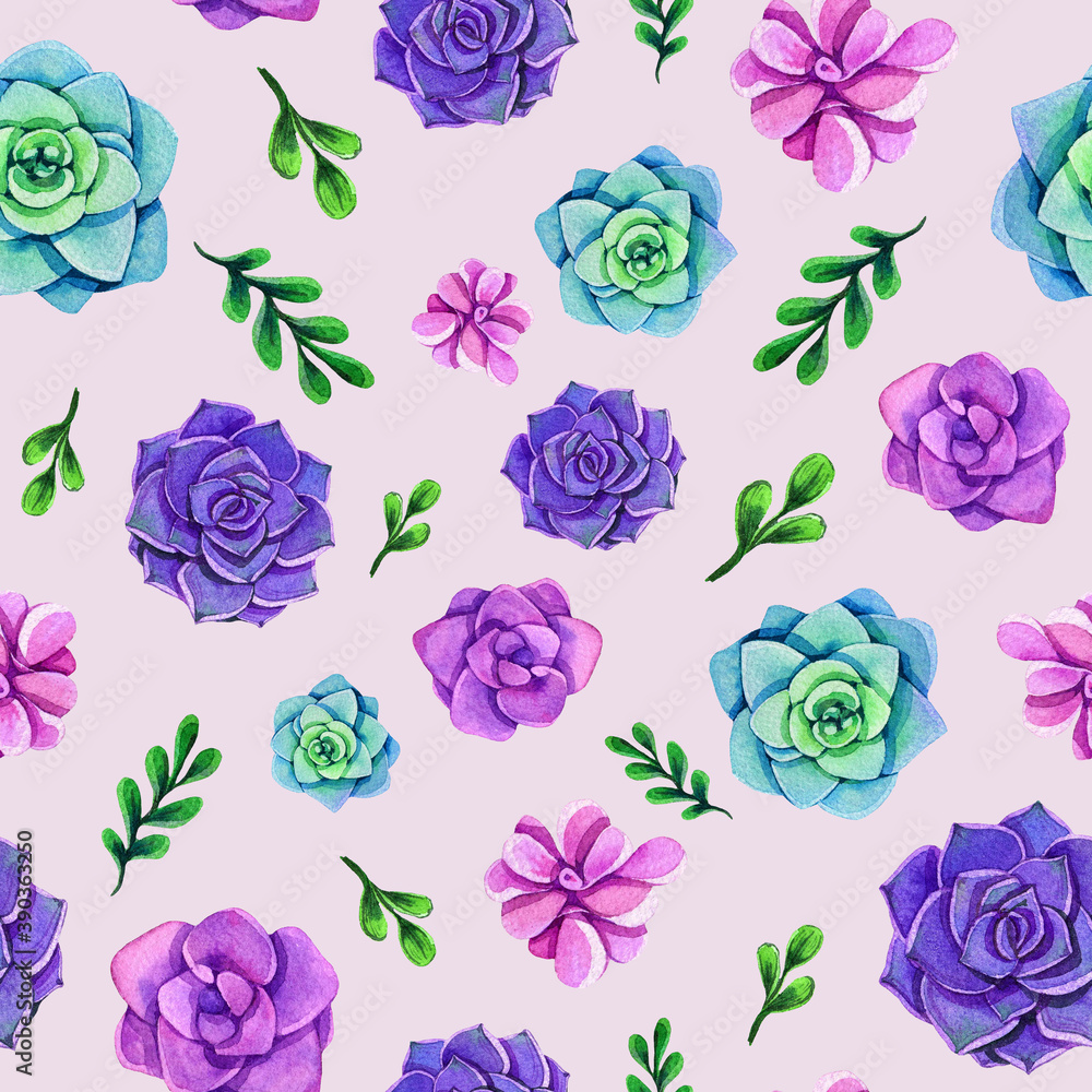 Colorful watercolor succulents seamless pattern on light pink background. Hand drawn botanical illustration with succulent and leaves.