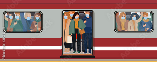 People in subway, male and female characters with protective masks on faces. Coronavirus pandemic. Vector illustration.