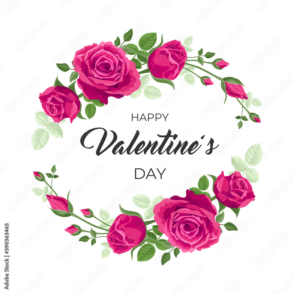 Fototapeta Valentines day card. Vector illustration, design with red, pink roses and text Happy valentine's day. Wreath, frame with leaves, roses for romantic holidays. concept of cute floral Valentines.