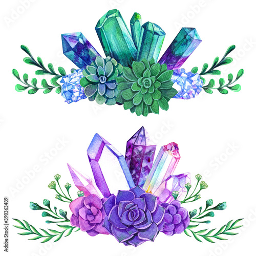 Watercolor purple crystal vignette with succulents and leaves. Two watercolor crystal gems vignette. Hand drawn illustration isolated on white background.