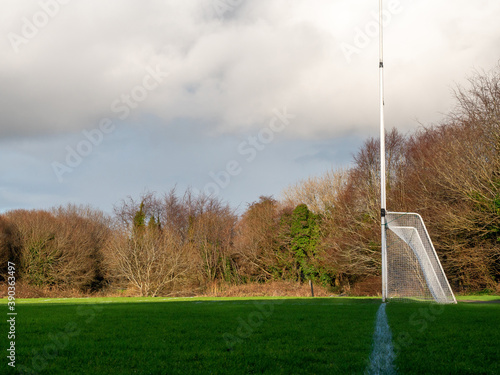 Irish National sports training field with side view of goal post for Gaelic sports camogie, hurling, irish football, rugby and soccer.