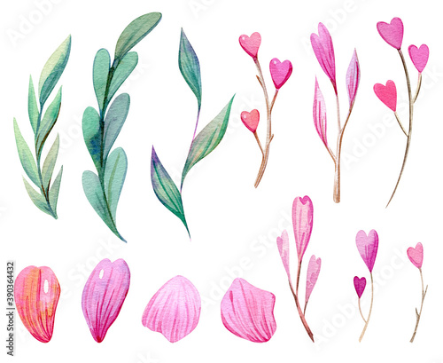 Hand drawn watercolor illustrations isolated on white background. Valentine's set of watercolor hand painted leaves, petals and twigs with hearts. Perfect for invitation and romantic post cards.
