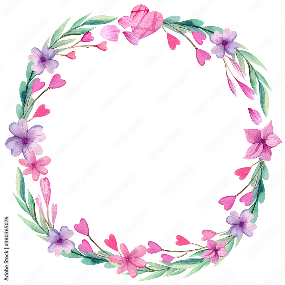 Hand drawn watercolor wreath for Valentine's Day with cute hearts, flowers, twigs and leaves. Round frame for invitation and romantic post cards.
