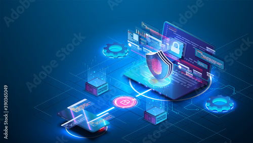 Analysis trends, software development coding process concept. Personal data security in isometric. Online file server protection system concept with computer and lock, fingerprint. Secure information