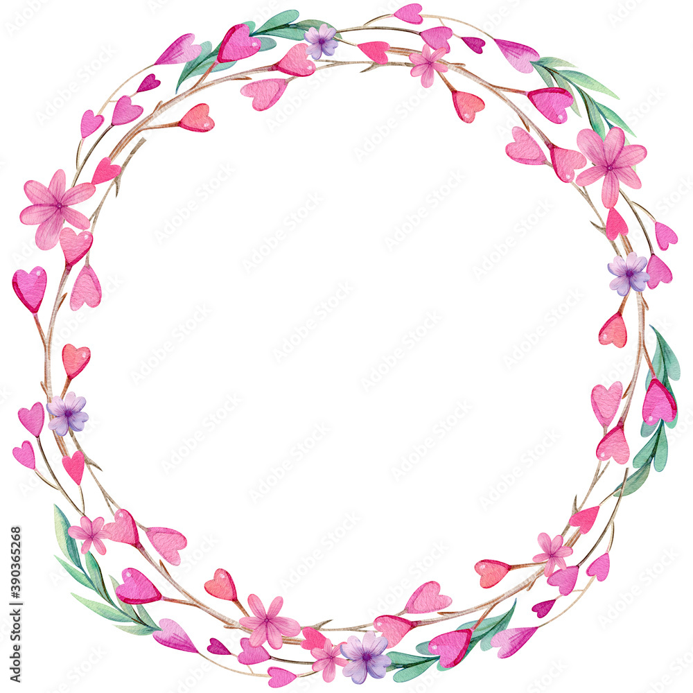 Hand drawn watercolor wreath for Valentine's Day with cute hearts, flowers, twigs and leaves. Round frame for invitation and romantic post cards.