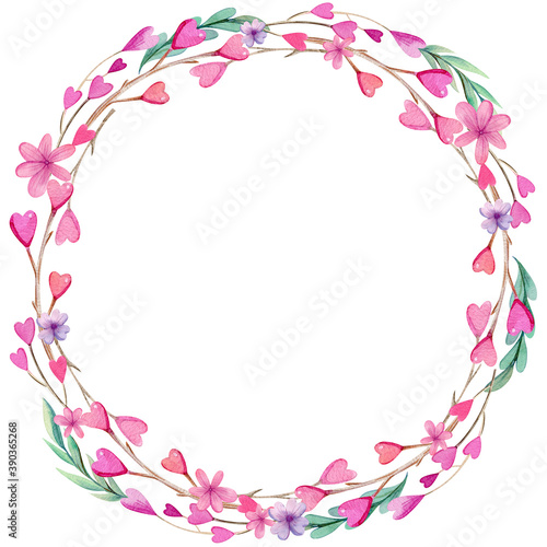 Hand drawn watercolor wreath for Valentine's Day with cute hearts, flowers, twigs and leaves. Round frame for invitation and romantic post cards.
