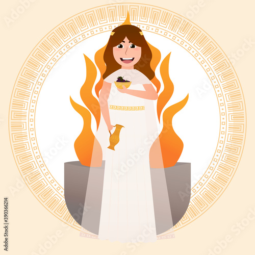 Hestia greece goddess of hearth, liitle girl in ancient greece costumeholding grape and pottery, flame on background, meander circle frame, roman pantheon