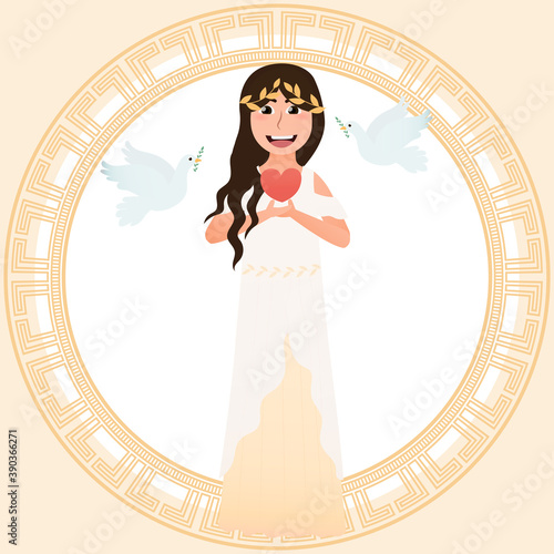 Little girl in costume of greece goddess of love and beauty - Aphrodite, holding heart symbol and pigeons flying around, meander round frame,ancient greece people