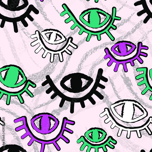 Seamless backdrop with abstract repeat hand drawn eyes and grunge wave lines  