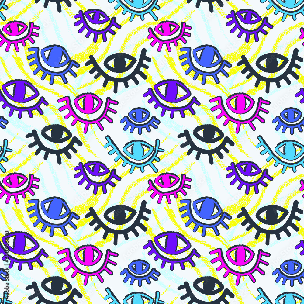 Naklejka premium Seamless backdrop with abstract repeat hand drawn eyes and grunge wave lines 