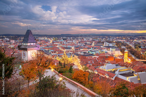 Obraz na płótnie Graz, Austria. Cityscape image of the Graz, Austria with the Clock Tower at beautiful autumn sunset. w salonie