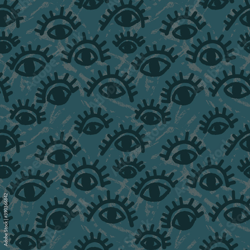 Seamless backdrop with abstract repeat hand drawn eyes and grunge wave lines 