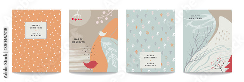 Vector collection of trendy creative Christmas cards with winter floral elements and abstract forms