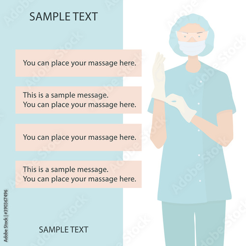 Doctor in medical glasses and mask, puts on gloves. Infographics, medical concept. Measures to prevent infection with coronavirus and influenza. Vector flat illustration with space for text