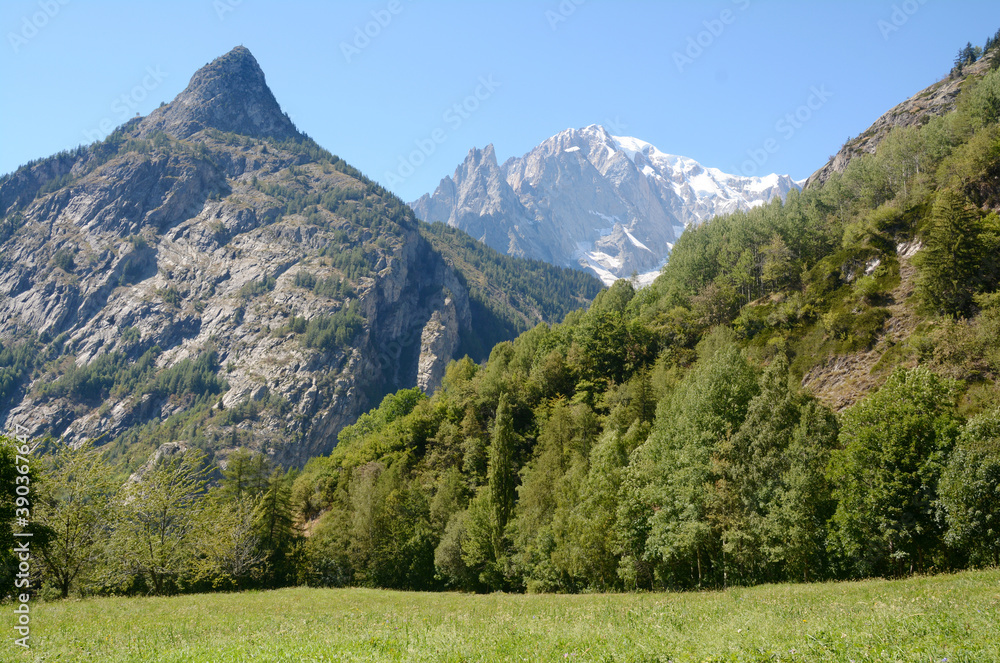 Alpine panorama in Courmayeur in the Aosta Valley with the Mont Blanc massif and glacier and the Mont Chetif peak.