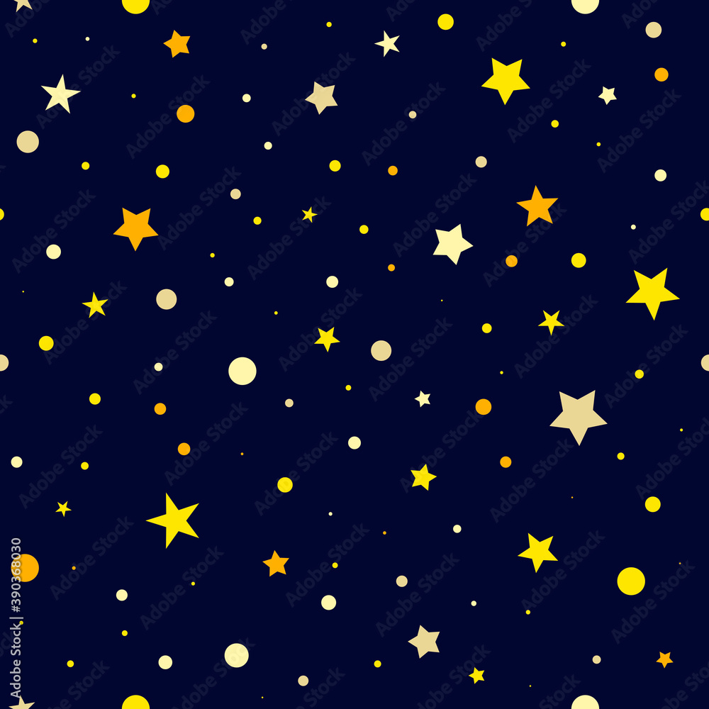 Star seamless night vector pattern. Shiny stars on dark blue background. Ornament for holidays, children's interiors, Birthday, Christmas. Vector illustration for wallpaper, wrapping paper, textile