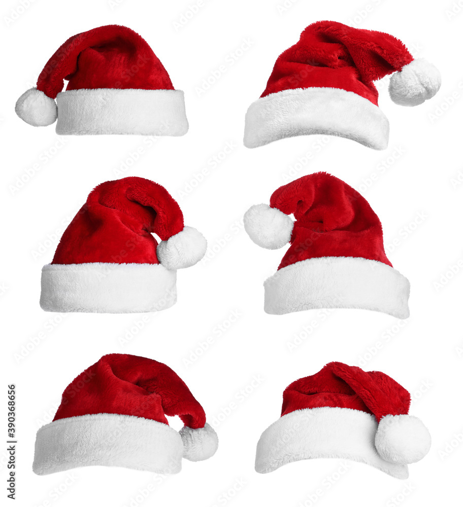 Set of red Santa hats on white background Set of red Santa hats on white background