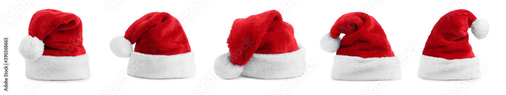 Set of red Santa hats on white background. Banner design Set of red Santa hats on white background. Banner design