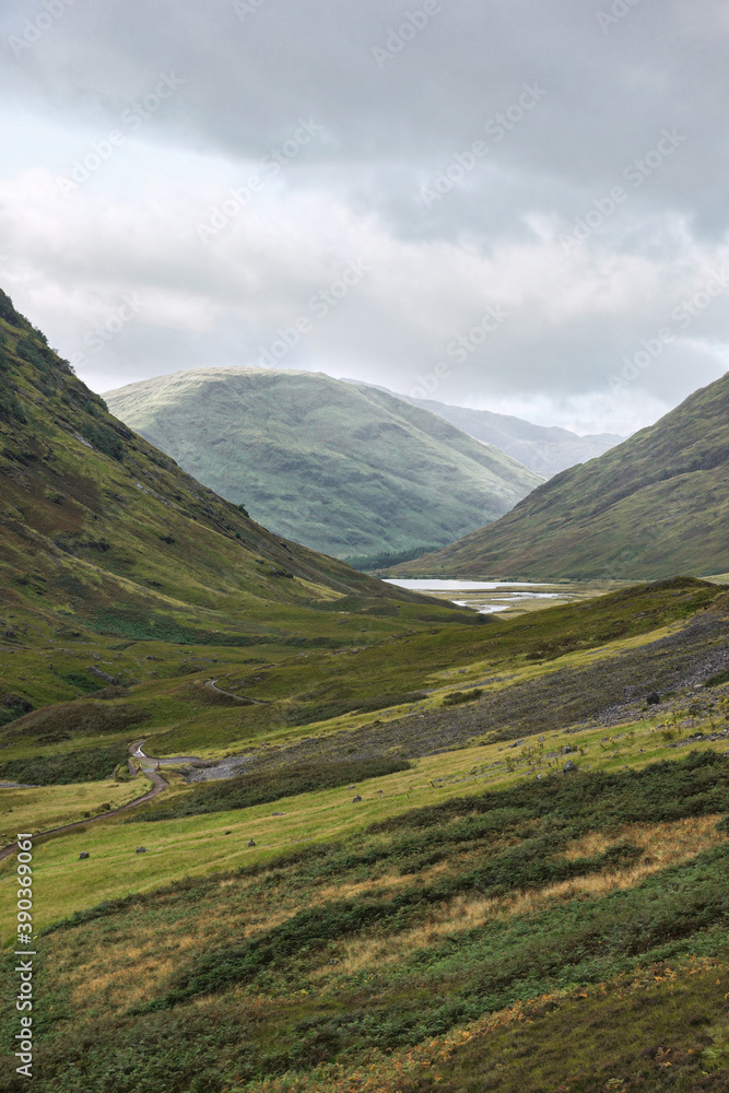 Glencoe Valley in the Highlands of Scotland. The old road meanders between rocky mountain slopes across moorland covered with wild flowers and purple heather.