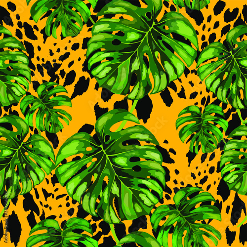 Tropical seamless pattern on animalistic texture. Jungle exotic summer print. Summer tropical leaf. Tropical flower fashion pattern. Floral tropic illustration. Vector seamless pattern.	