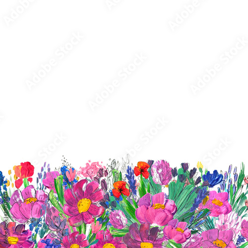 Hand-painted floral border. Wildrlowers on white background