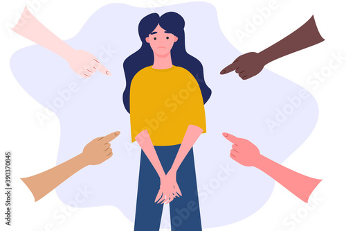 Vector illustration of social public condemnation of young woman. Sad or depressed young woman surrounded by hands with index fingers pointing at her.
