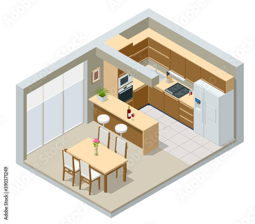 Isometric minimalist kitchen room interior with dinning furniture on a floor. Modern house interior with kitchen and dining room combination.