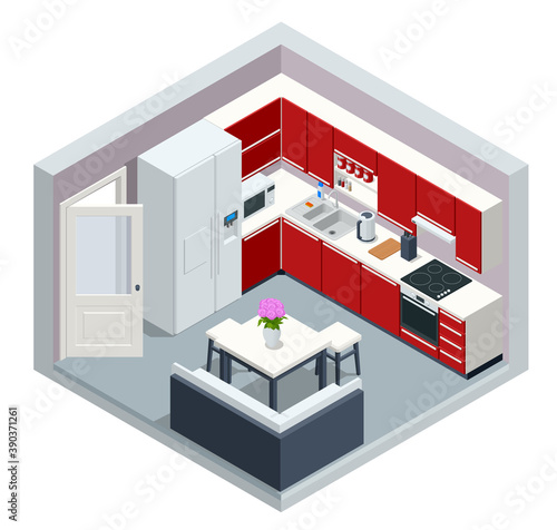 Isometric minimalist kitchen room interior with dinning furniture on a floor. Modern house interior with kitchen and dining room combination.