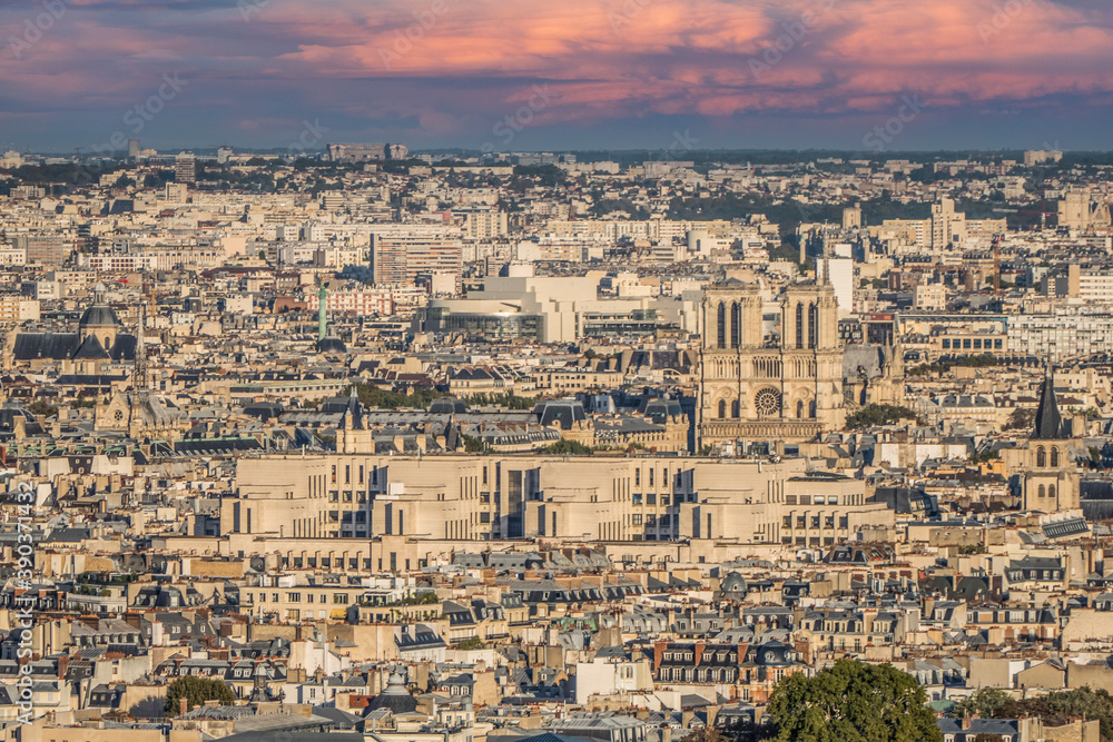 aerial view of the Cathedral of Notre Dame in Paris at sunset from the top of the Tour Eiffel