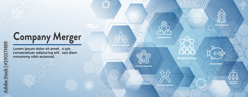 Companies merging together, one buying out the other - icon set