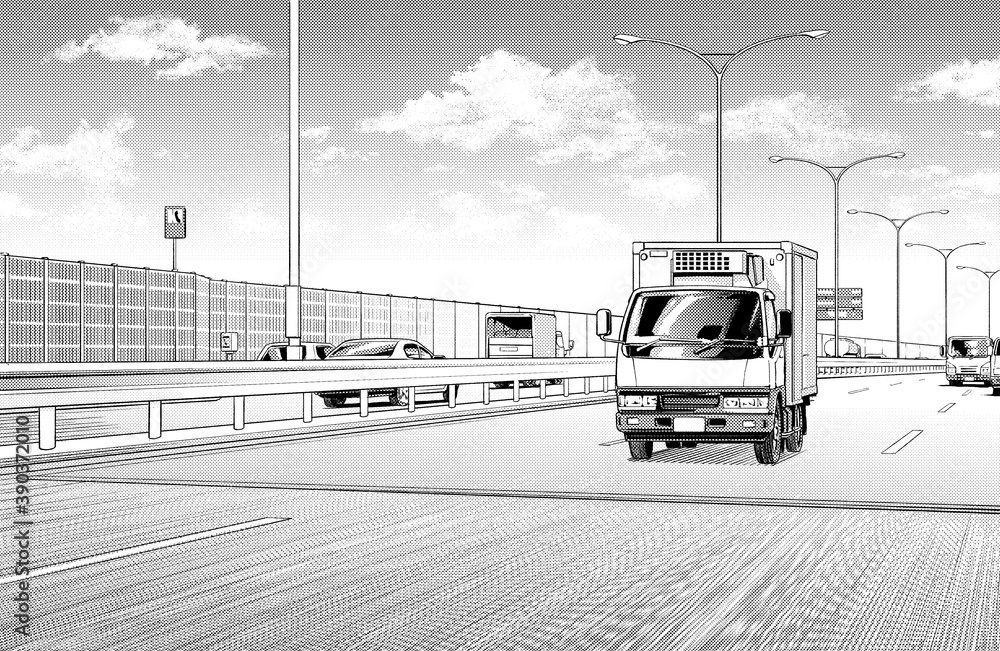 漫画風ペン画イラスト 車 高速道路 Stock Illustration Adobe Stock