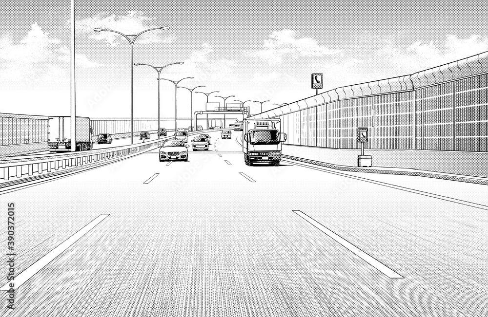 漫画風ペン画イラスト 車 高速道路 Stock Illustration Adobe Stock