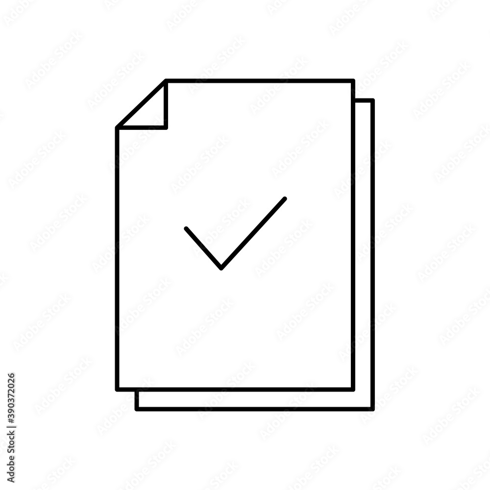 Check mark line document icon. Approve linear symbol. Check list vector illustration. Isolated on white. Confirmed information. Check mark line document icon. Approve linear symbol. Check list vector illustration. Isolated on white. Confirmed information.