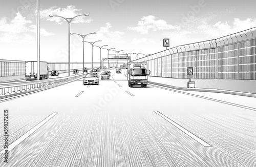 Schilderij op canvas 漫画風ペン画イラスト　車_高速道路