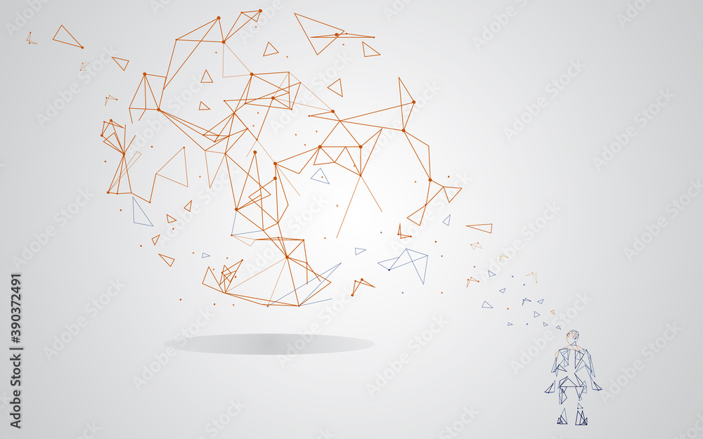 Obraz premium Man integrates into the global network using artificial intelligence isolated on gray background. For ai vector design and low poly. Abstract concept vector
