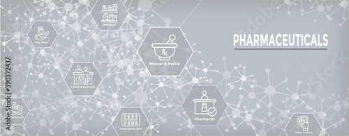 Pharmaceuticals and medications icon set w web header banner
