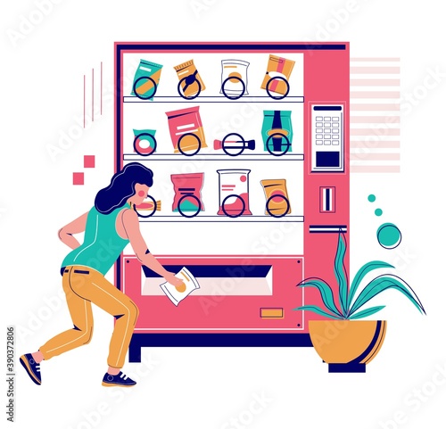 Woman buying snack from vending machine, flat vector illustration. Snack food automatic machine with chocolate bars, nuts, chips, candies, etc.
