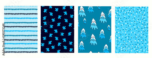 Set of patterns for Christmas, New Year gifts wrapping. Winter holidays backgrounds with snowflakes, snowy fir trees, confetti