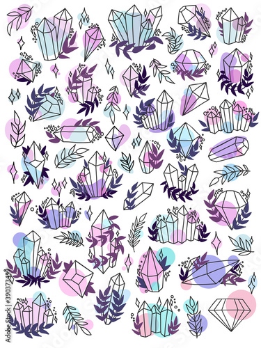Set of colorful isolated elements crystals and gems on white background, hand drawing graphics, vector illustration. Magic fairytale Halloween theme. Magical elements. Beautiful pastel drawing
