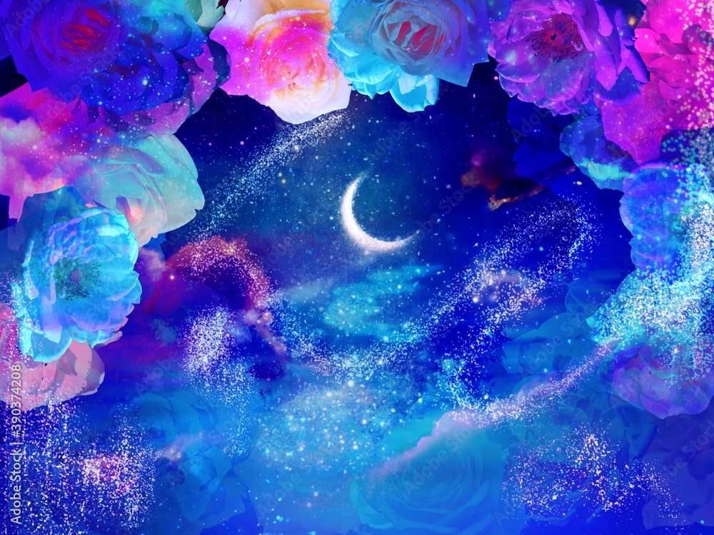 A colorful frame of roses, the moon reflecting in the water, and the night sky A colorful frame of roses, the moon reflecting in the water, and the night sky