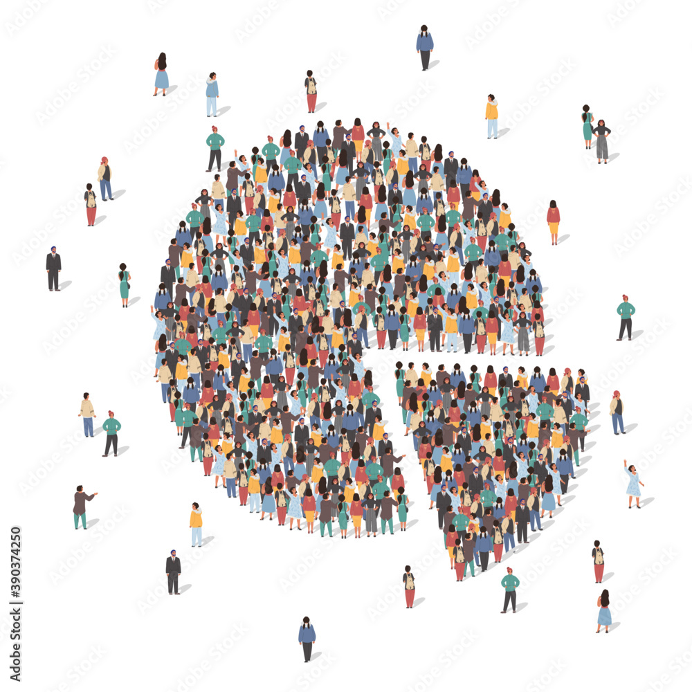 Large group of people forming pie chart standing together, flat vector