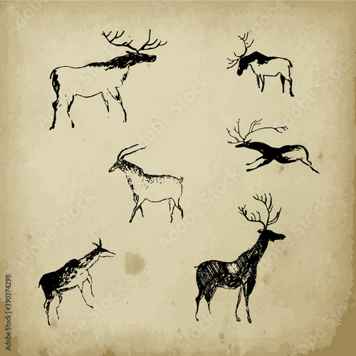 Rock painting cave old art symbol hand drawn vector illustration. Prehistoric animal art of primitive people, ornament on old paper.