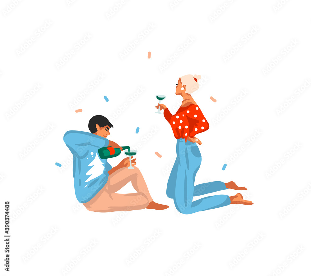 Obraz premium Hand drawn vector abstract fun stock flat Merry Christmas,and Happy New Year cartoon festive card with cute illustrations of Xmas couple drink champagne together isolated on white background