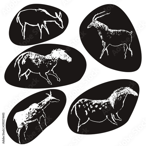 Rock painting cave old art symbol hand drawn vector illustration. Prehistoric animal art of primitive people, ornament isolated on black stones.